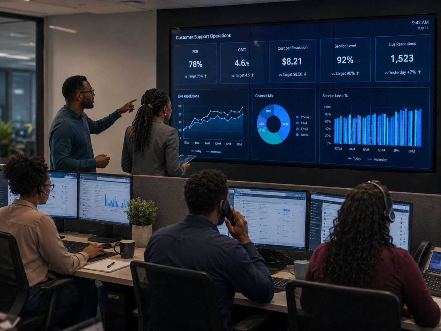 Operations team reviewing live customer support dashboards
